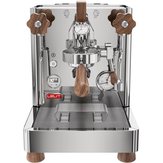 Lelit Bianca V3 espresso machine front view, stainless steel, wooden handles, dual gauges.