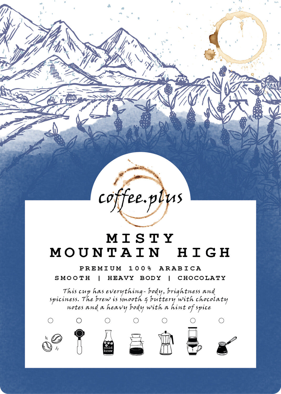 Close-up of Misty Mountain coffee label showing high-altitude origin details and tasting notes