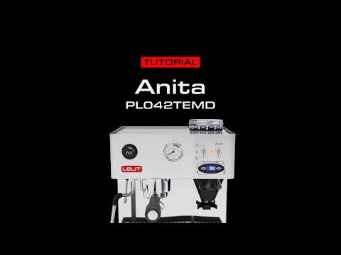 Tutorial video thumbnail for the Anita PL042TEMD coffee machine, showing a white espresso machine with digital display, pressure gauge, and LELIT branding against a black background with red 'TUTORIAL' label and YouTube play button overlay
