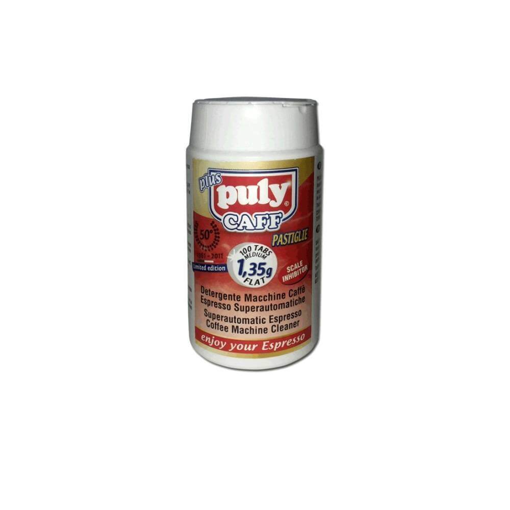Puly Caff Plus Espresso Machine Cleaner container showing red and white branding with 100 tablets of 1.35g each for espresso machine cleaning.