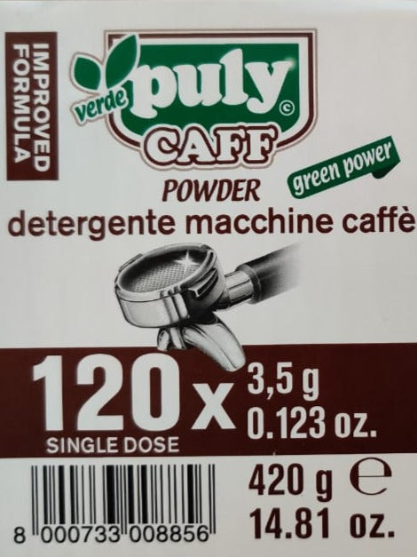 Puly Caff Verde organic espresso machine cleaner with 120 single-dose 3.5g sachets in professional packaging
