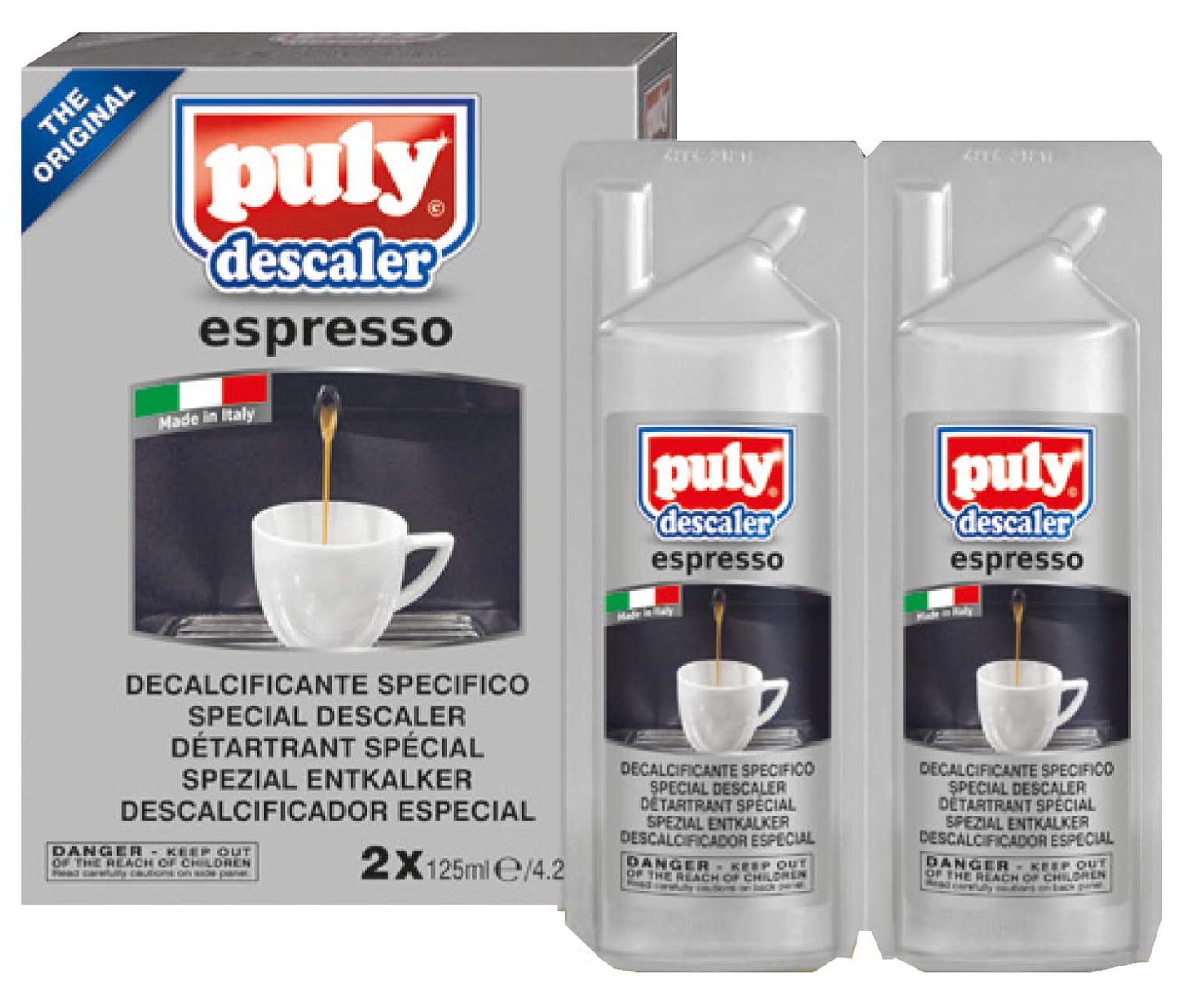 Puly Descaler Espresso Liquid twin pack with two 125ml bottles in professional Italian packaging