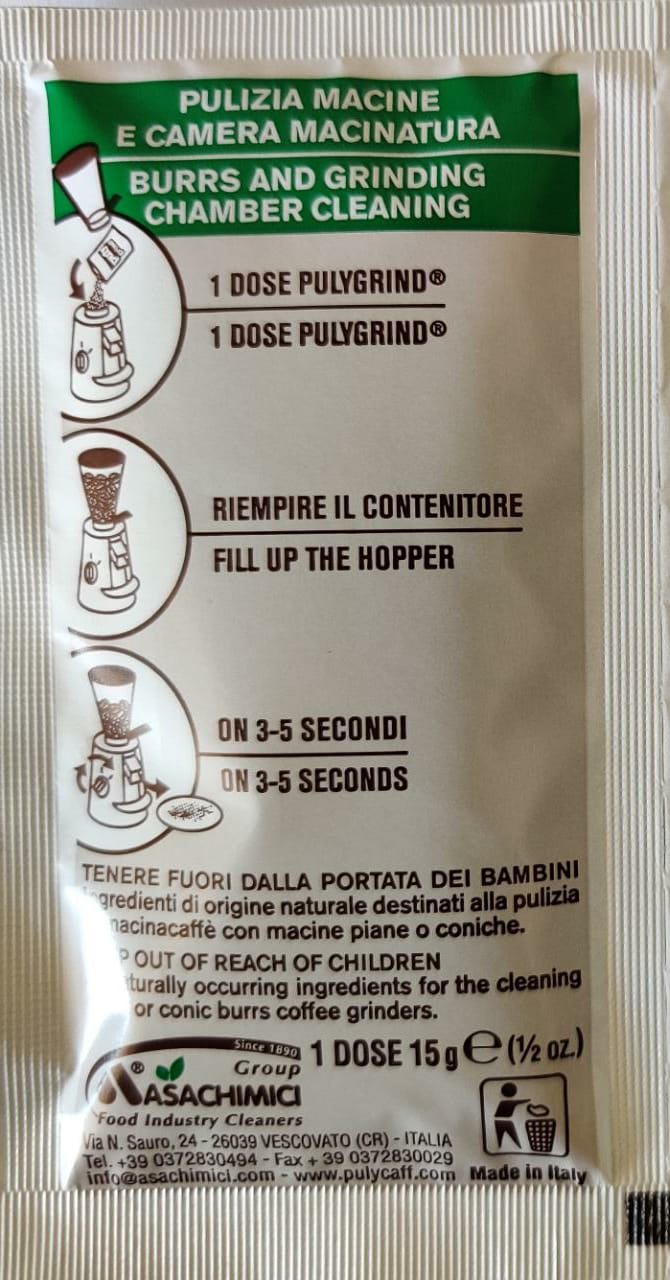 Back view of single Puly Grind Cleaner Crystal sachet with detailed usage instructions and safety information