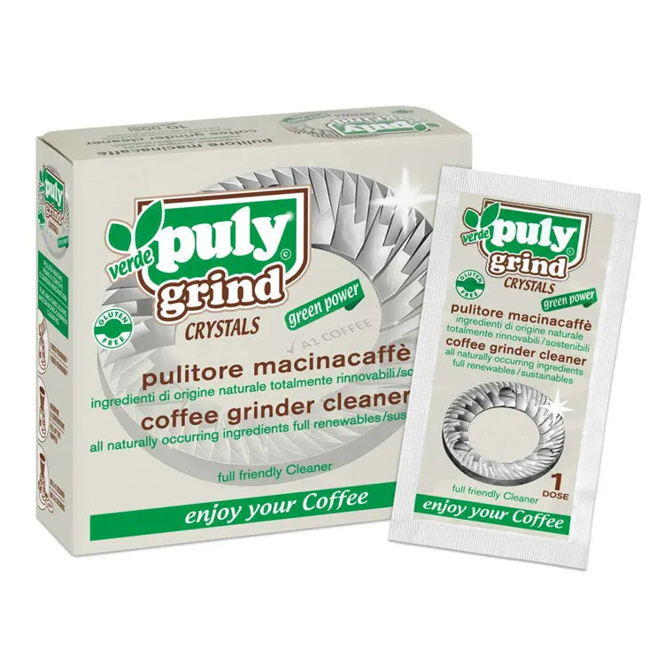 Puly Grind Cleaner Crystals 10-Pack box packaging with individual sachets shown