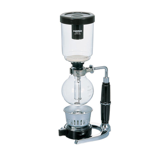 Syphon 2 cups coffee maker complete set with glass chambers, alcohol burner, stand, cloth filter, and accessories in elegant presentation.