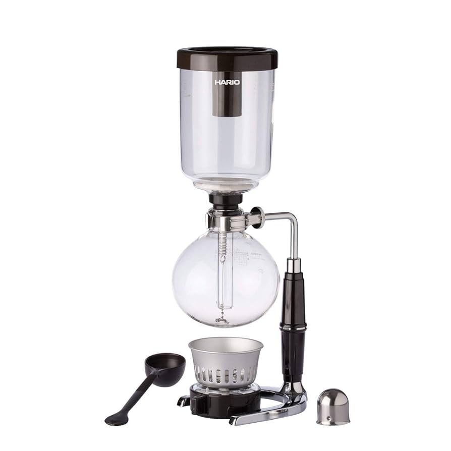Syphon 5 cups coffee maker complete set with glass chambers, alcohol burner, stand, cloth filter, and measuring spoon.
