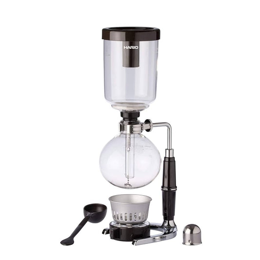Syphon 5 cups coffee maker complete set with glass chambers, alcohol burner, stand, cloth filter, and measuring spoon.