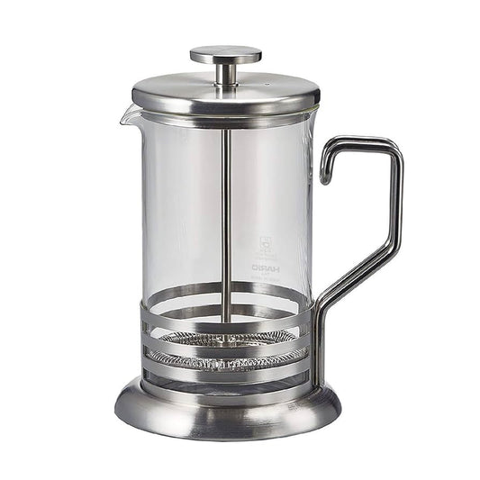 Tea & Coffee Press 300ml with clear borosilicate glass body, stainless steel plunger, metal filter, and heat-resistant handle.