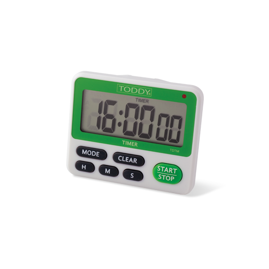 Toddy Timer TDTM with large digital LCD display showing countdown, white casing with green top, black control buttons.