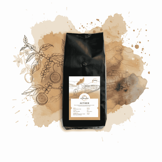 Coffee bag with a label Aether on a coffee-themed background
