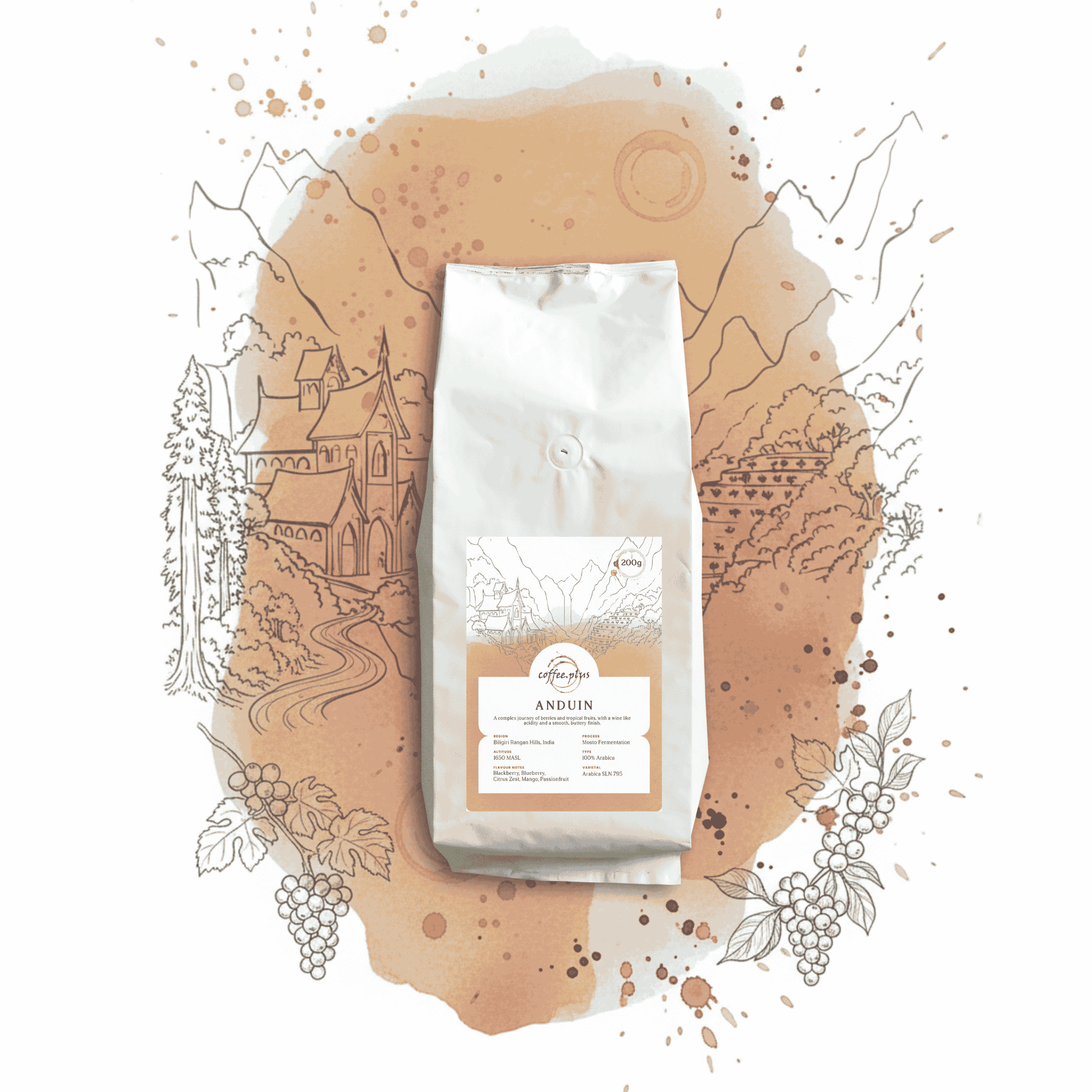 Coffee bag labeled 'Anduin' on a decorative background with illustrations and coffee beans.