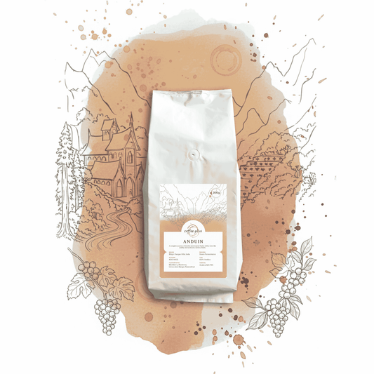 Coffee bag labeled 'Anduin' on a decorative background with illustrations and coffee beans.