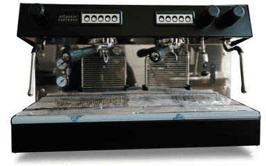 Commercial espresso machine with a metallic finish on a white background