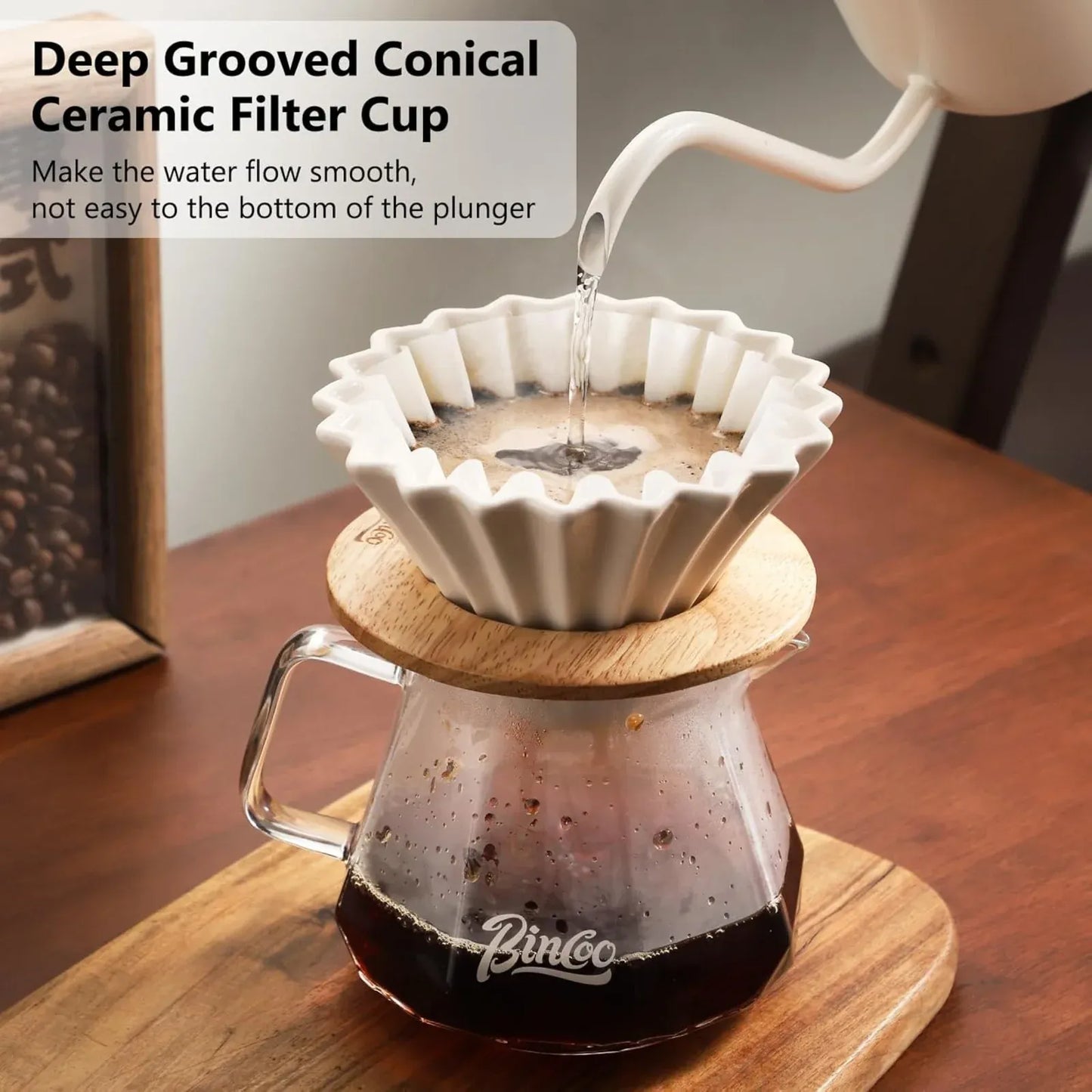 Bincoo Ceramic Coffee Dripper with Wood Stand Set