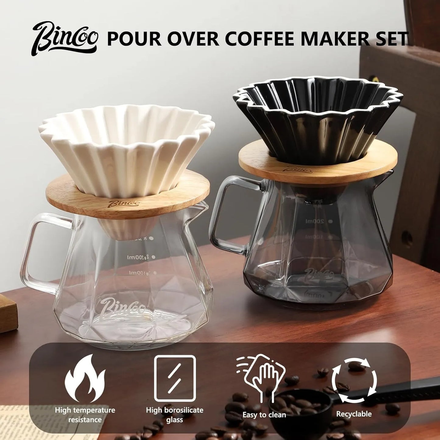 Bincoo Ceramic Coffee Dripper with Wood Stand Set