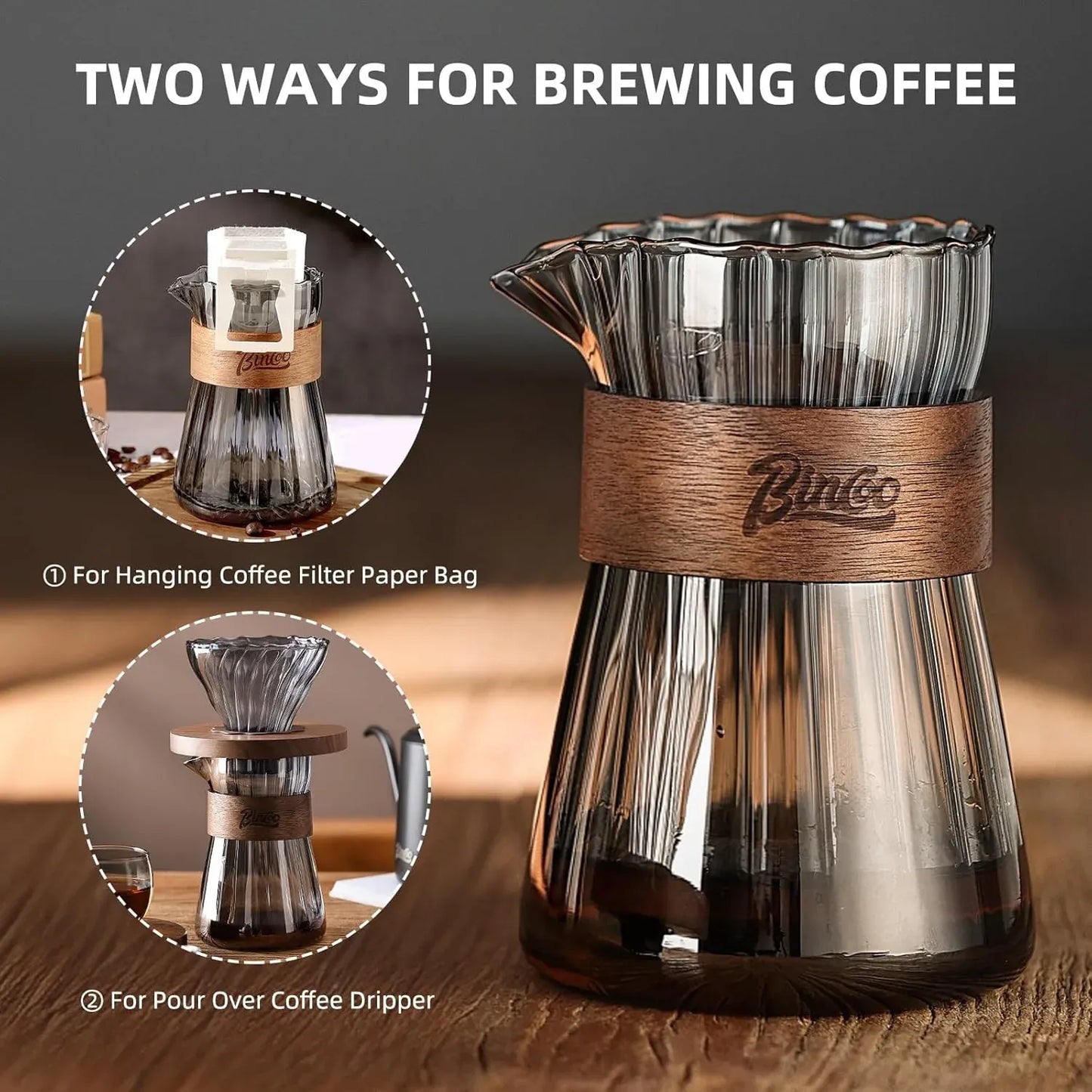 Bincoo Glass Coffee Carafe with Heat-Resistant Wood