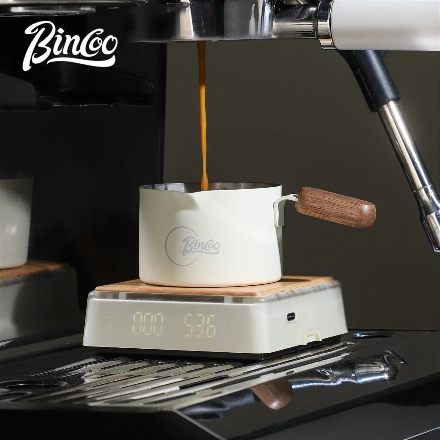 Bincoo Stainless Steel Espresso Measuring Cup With Wood Handle