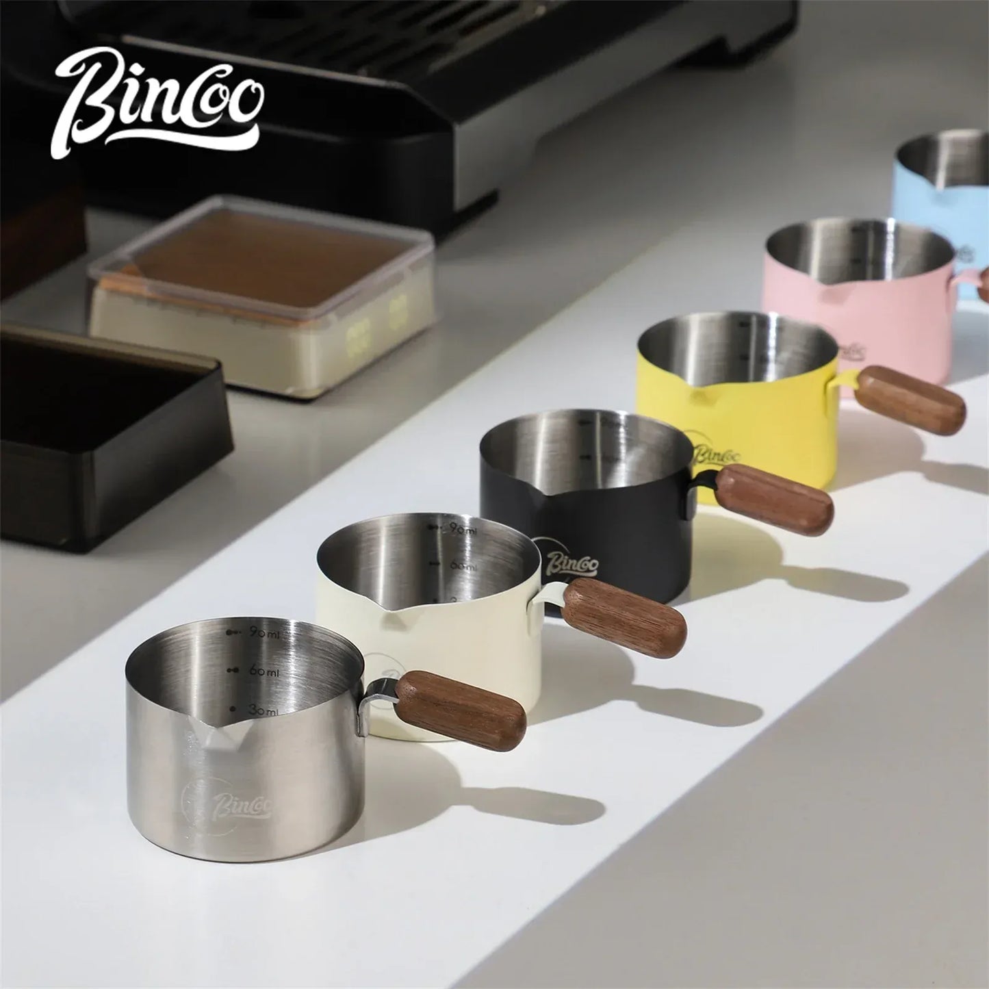 Bincoo Stainless Steel Espresso Measuring Cup With Wood Handle
