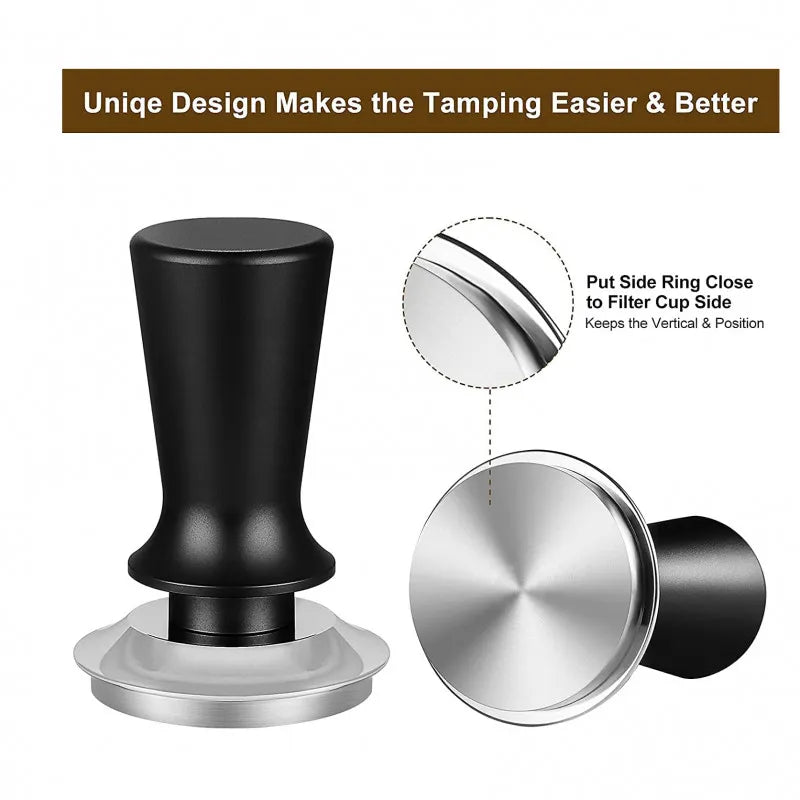Black and silver tampers with text on a white background