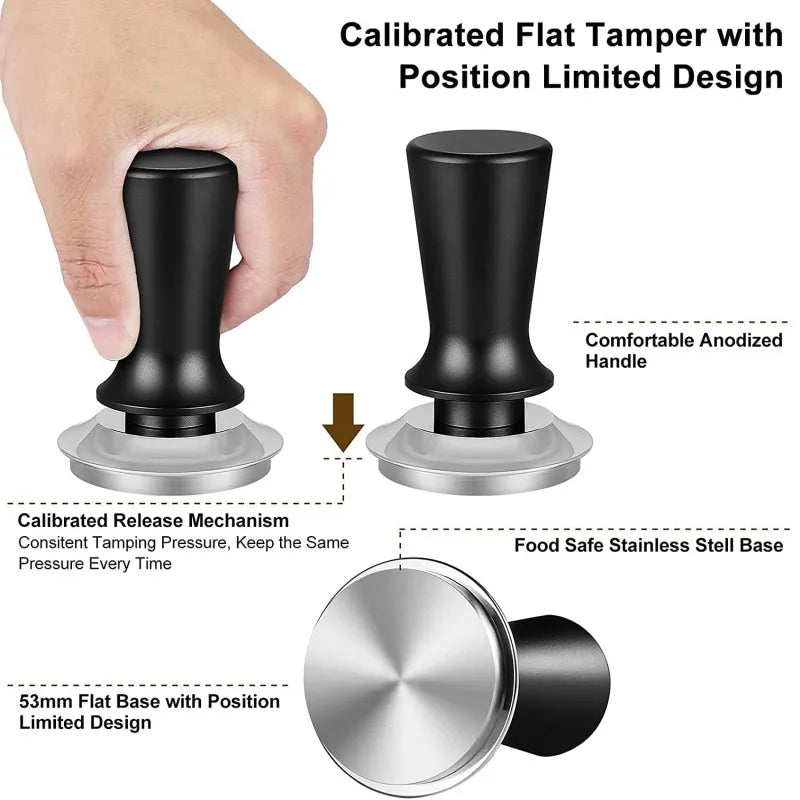 Calibrated flat tamper with position limited design, showing a hand using it and highlighting features like handle comfort and base material.