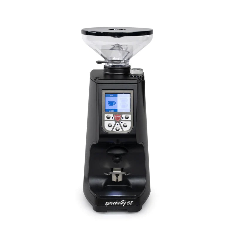 Black coffee grinder with digital display on a white background