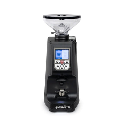 Black coffee grinder with digital display on a white background