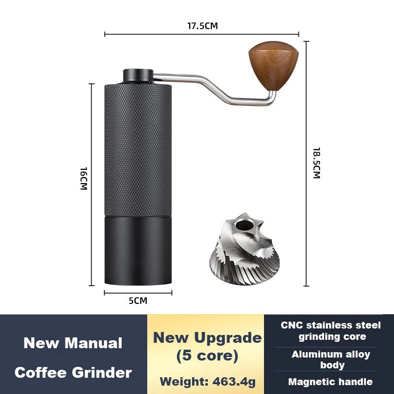 Manual coffee grinder with dimensions and features on a white background