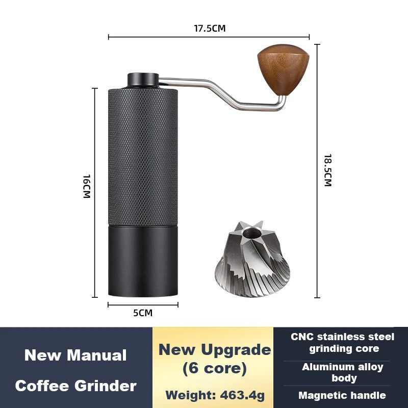 Manual coffee grinder with dimensions and upgrade details on a white background