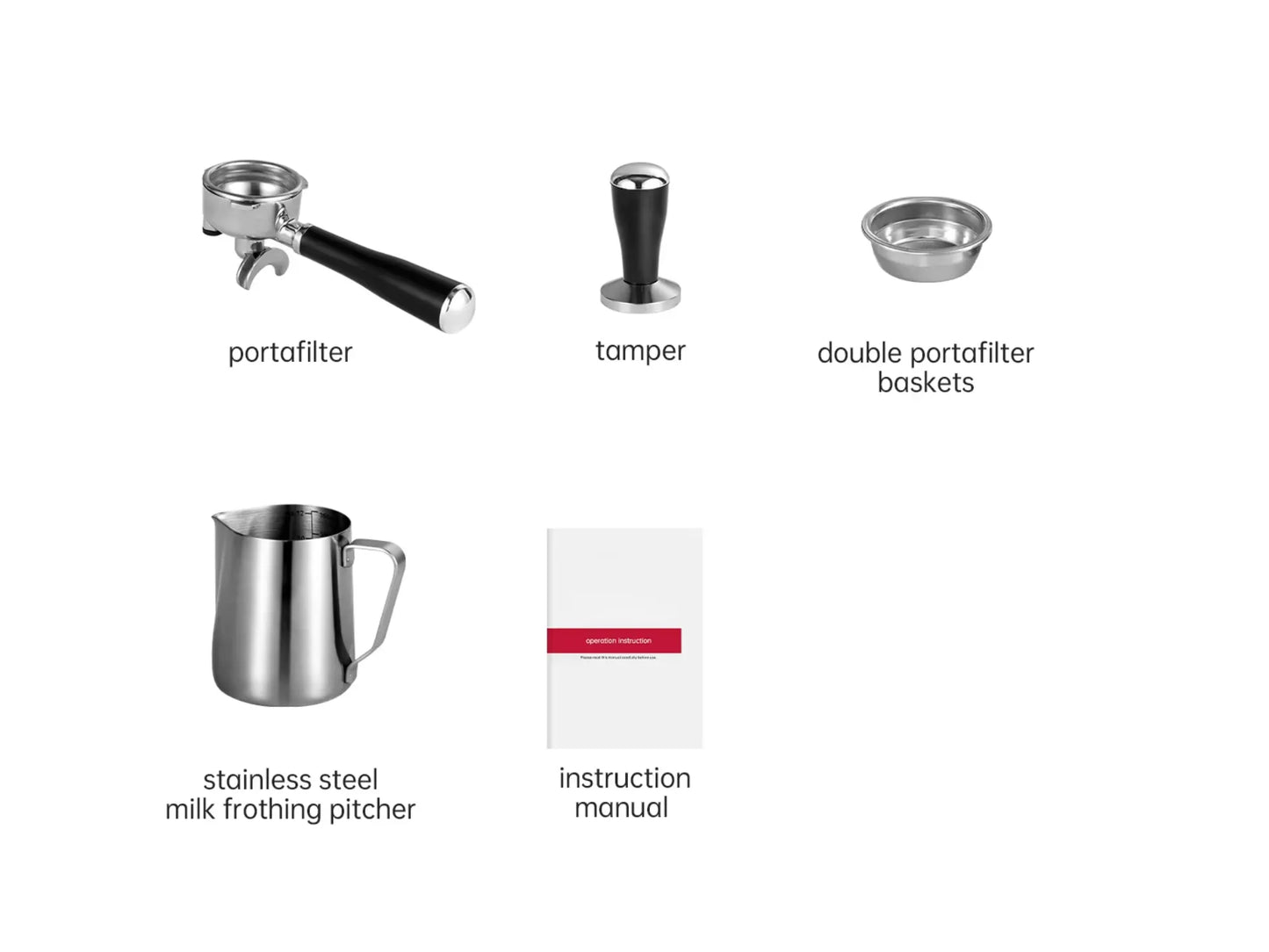 Collection of coffee brewing tools including a portafilter, tamper, double portafilter baskets, stainless steel milk frothing pitcher, and an instruction manual on a white background.