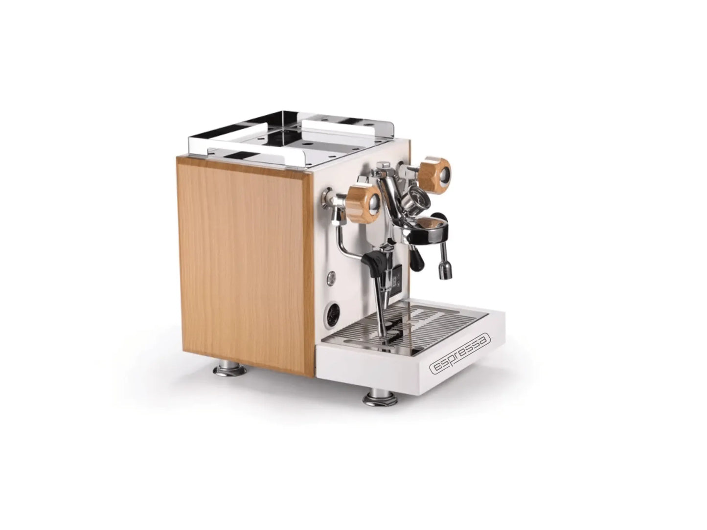 Espresso machine with wooden side panel on a white background