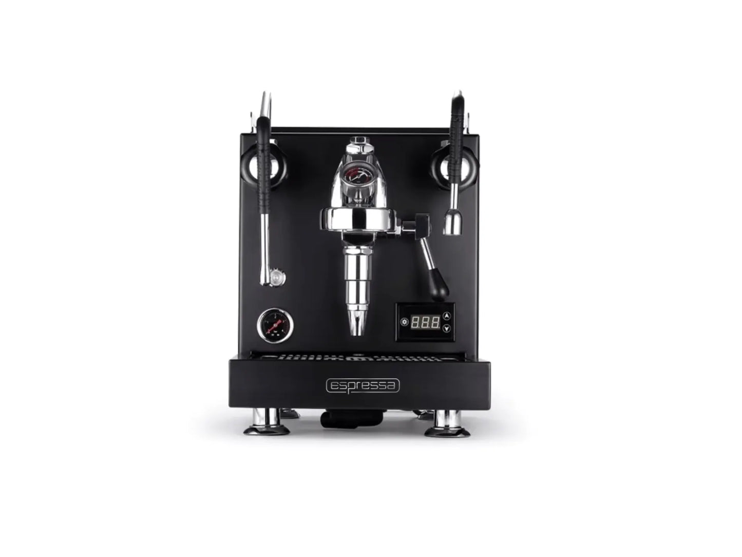Black espresso machine with digital display on a white background