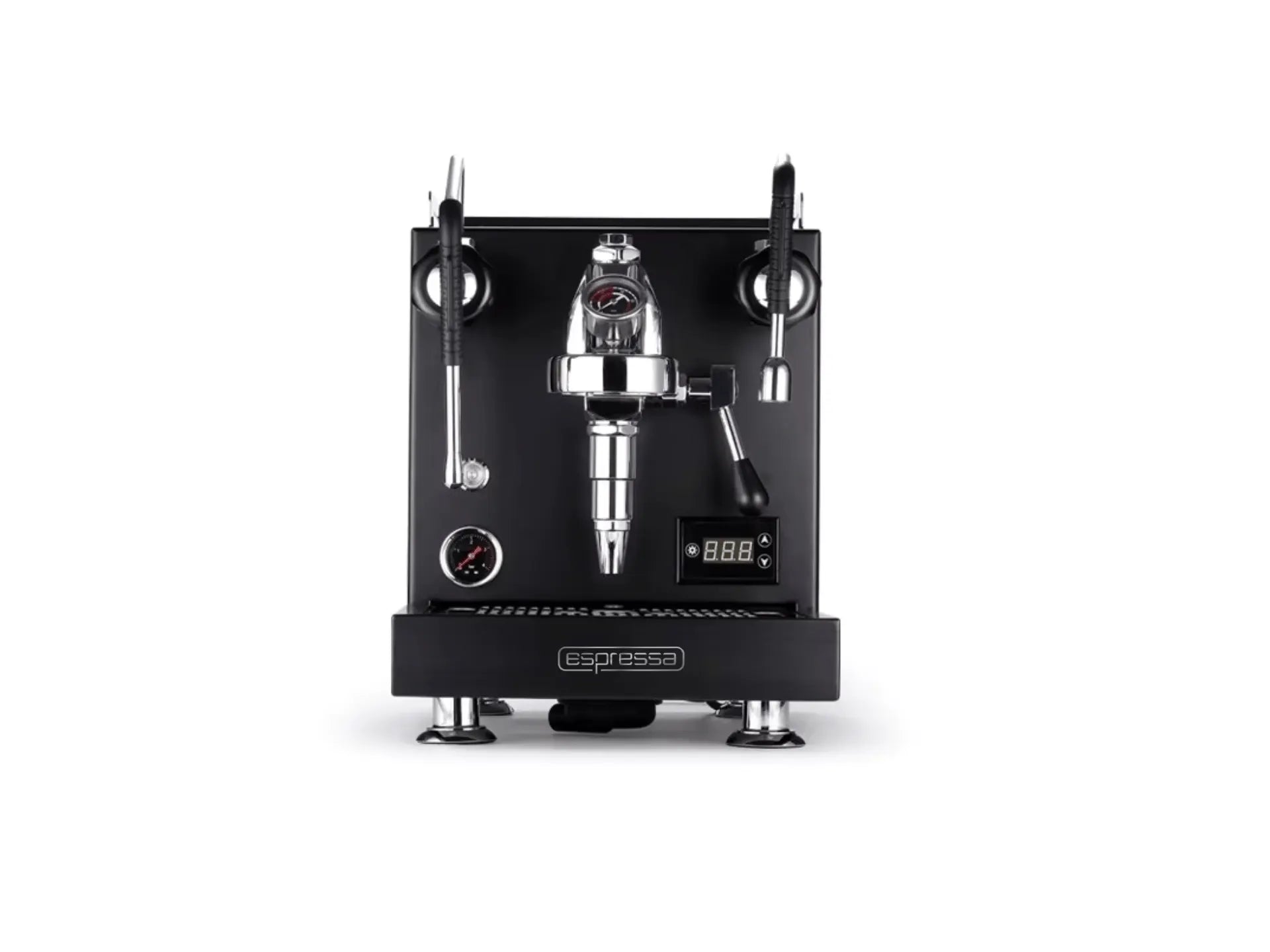Black espresso machine with digital display on a white background