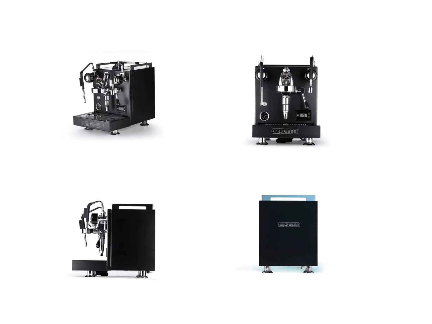 Collection of black espresso machines on a white background
