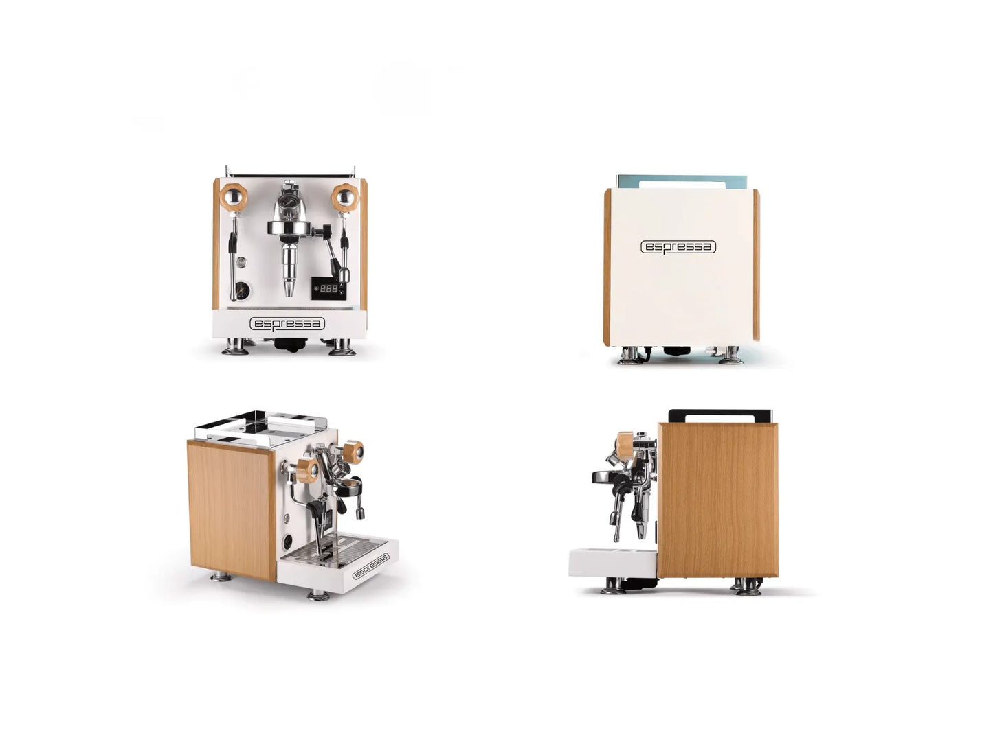 Collection of coffee machines with wooden accents on a white background