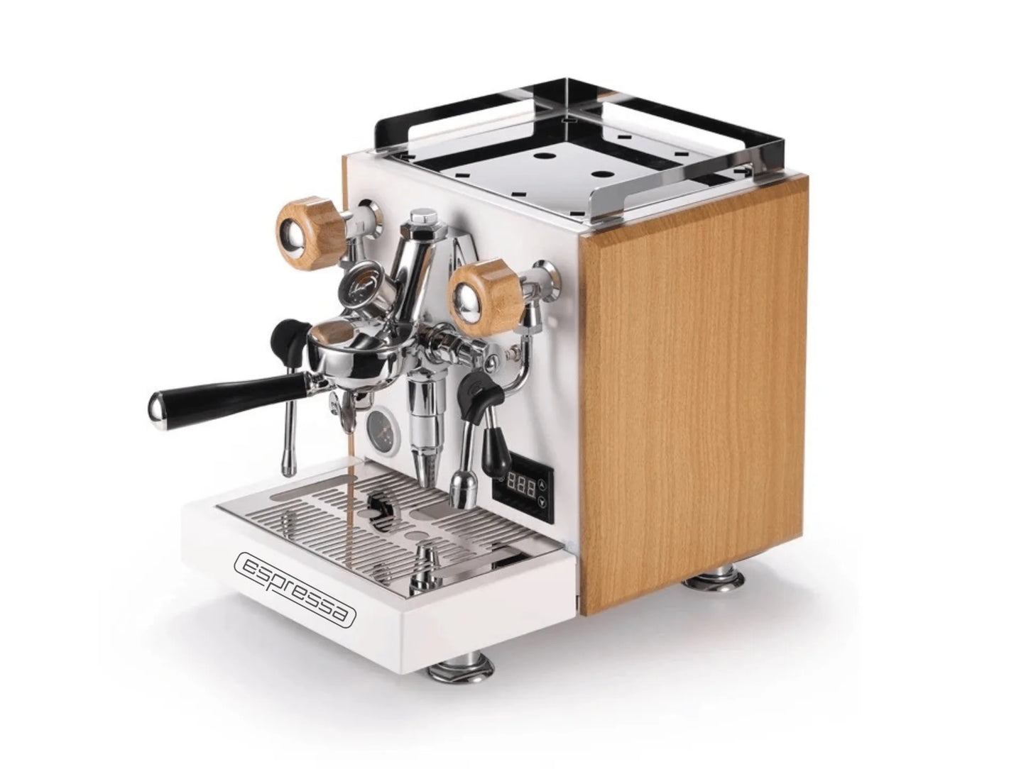 Espresso machine with wooden side panel on a white background
