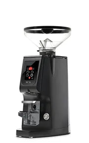 Eureka Atom W75 coffee grinder product page displaying black professional espresso grinder with transparent bean hopper on top, advanced IPS touchscreen control panel, and product description highlighting grind-by-weight technology, 75mm flat burrs, and touchscreen interface features