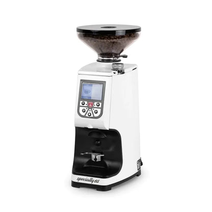 "Eureka Atom professional espresso grinder featuring white body finish, transparent bean hopper on top filled with coffee beans, central digital LCD display with navigation buttons and timer controls, black grinding chamber and portafilter rest at base, Specialita branding visible on front panel"

