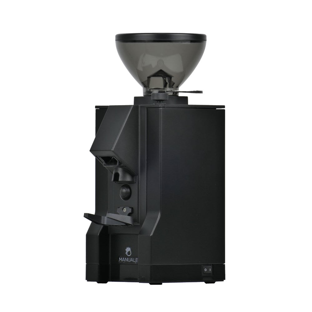 Eureka Mignon Manuale 15BL coffee grinder front view, Black finish with removable hopper.
