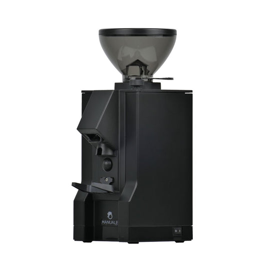 Eureka Mignon Manuale 15BL coffee grinder front view, Black finish with removable hopper.
