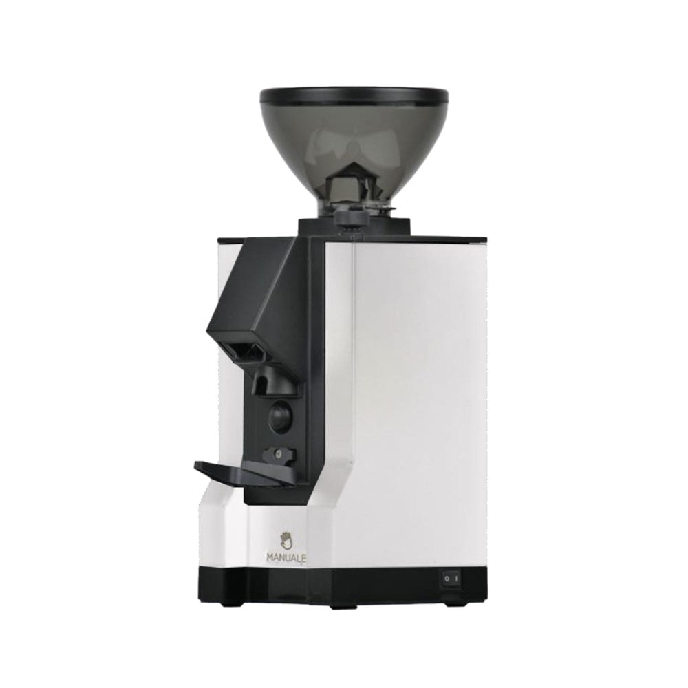 Eureka Mignon Manuale White 15BL coffee grinder front view, white finish with removable hopper.
