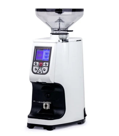 Eureka Atom Specialty 75 espresso grinder front view with digital touchscreen display and 1.4kg hopper
