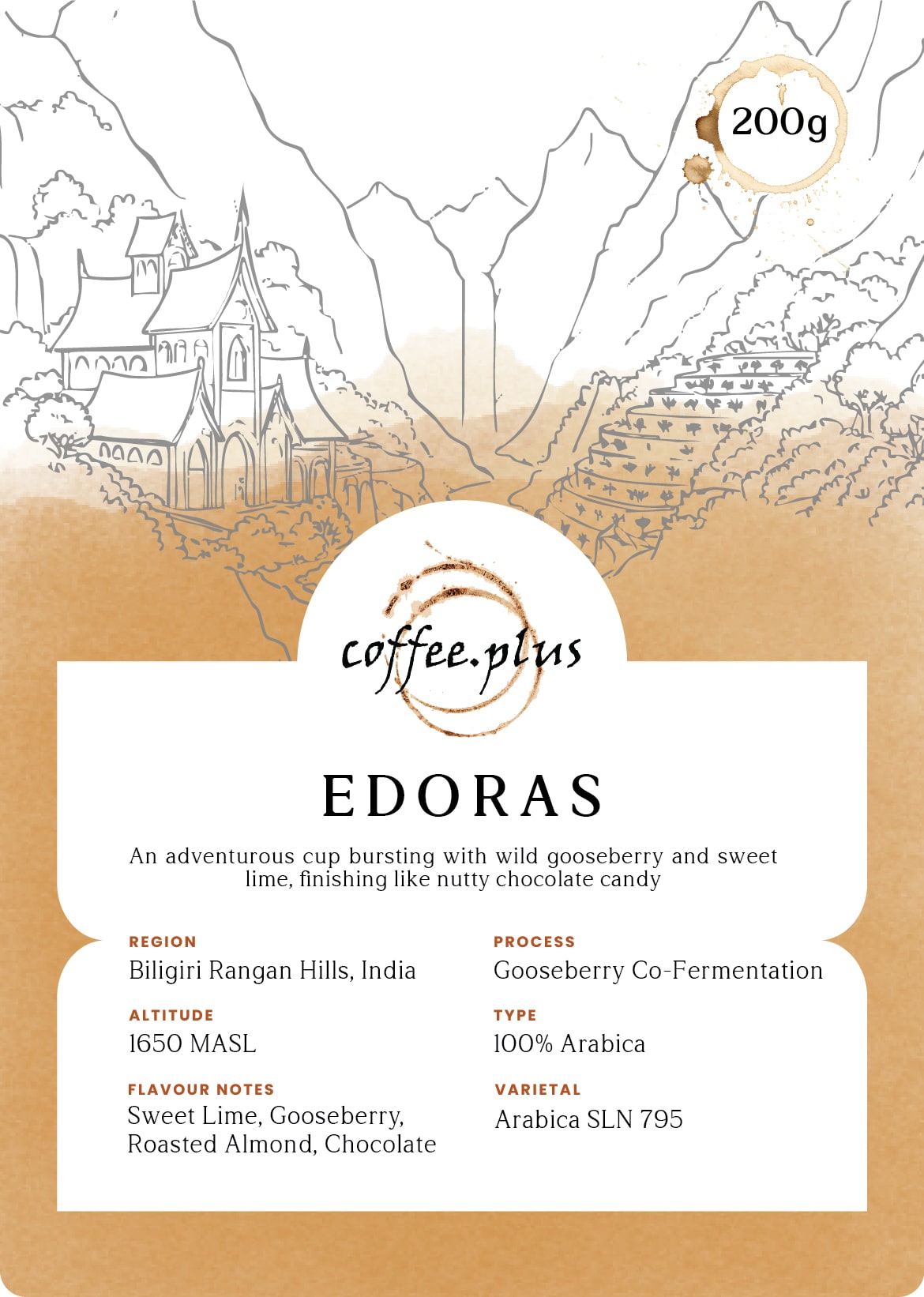 Coffee package labeled 'EDORAS' with a scenic design on the packaging.