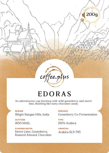 Coffee package labeled 'EDORAS' with a scenic design on the packaging.