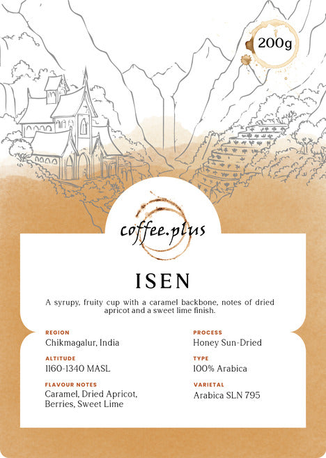 Coffee package with 'coffee.plus' branding and mountain landscape design