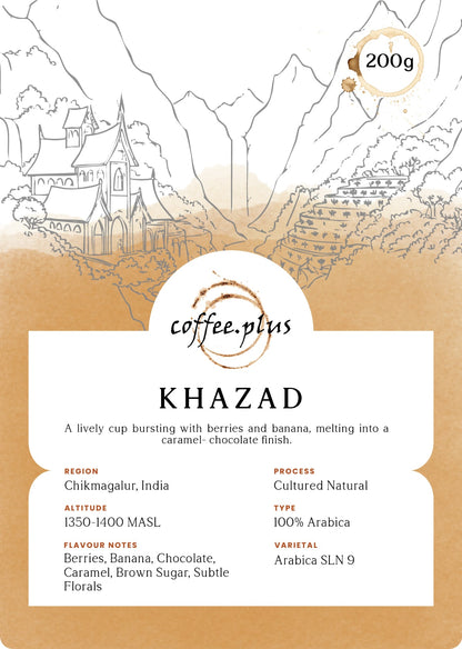 Coffee package labeled 'Khazad' with a scenic illustration on a white background