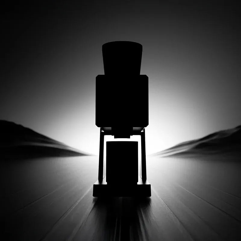 Silhouette of a chair against a dark background with a bright light source