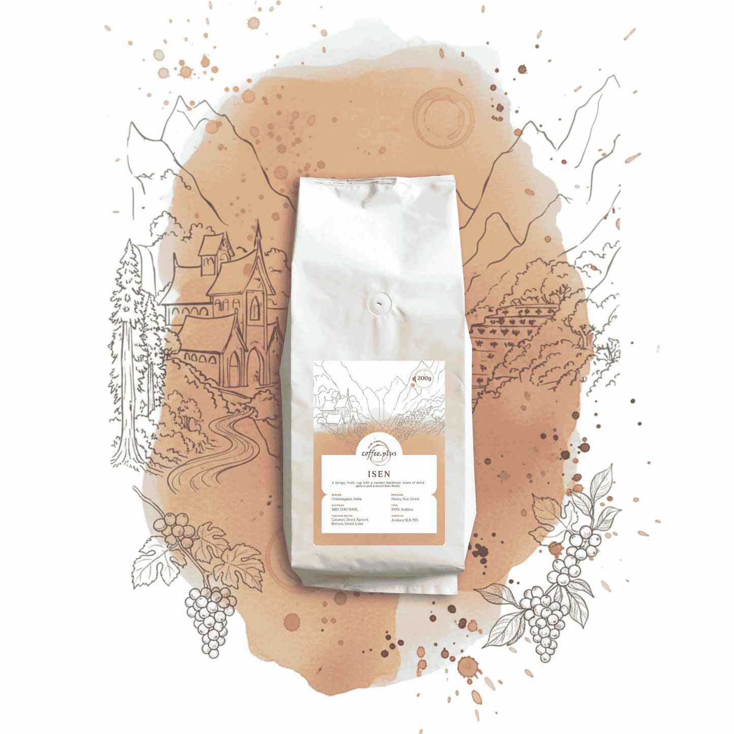 Coffee bag labeled 'Isen' on a decorative background with illustrations and coffee beans.