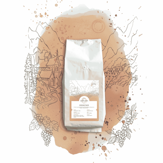 Coffee bag labeled 'Khazad' on a decorative background with illustrations and coffee beans.