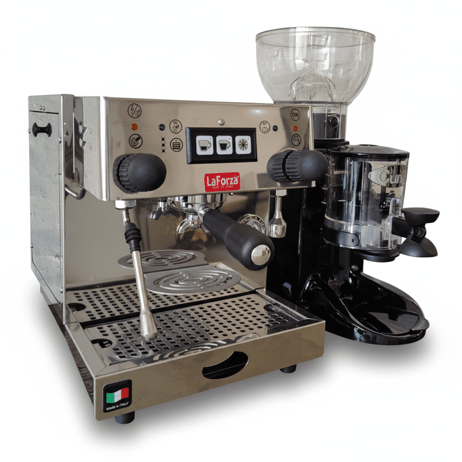 LaForca espresso machine with a clear bean hopper on a white background