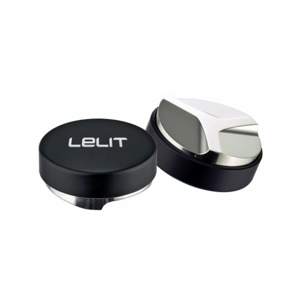 Lelit Coffee Leveller 57.35 mm top view with polished stainless steel base and black handle
